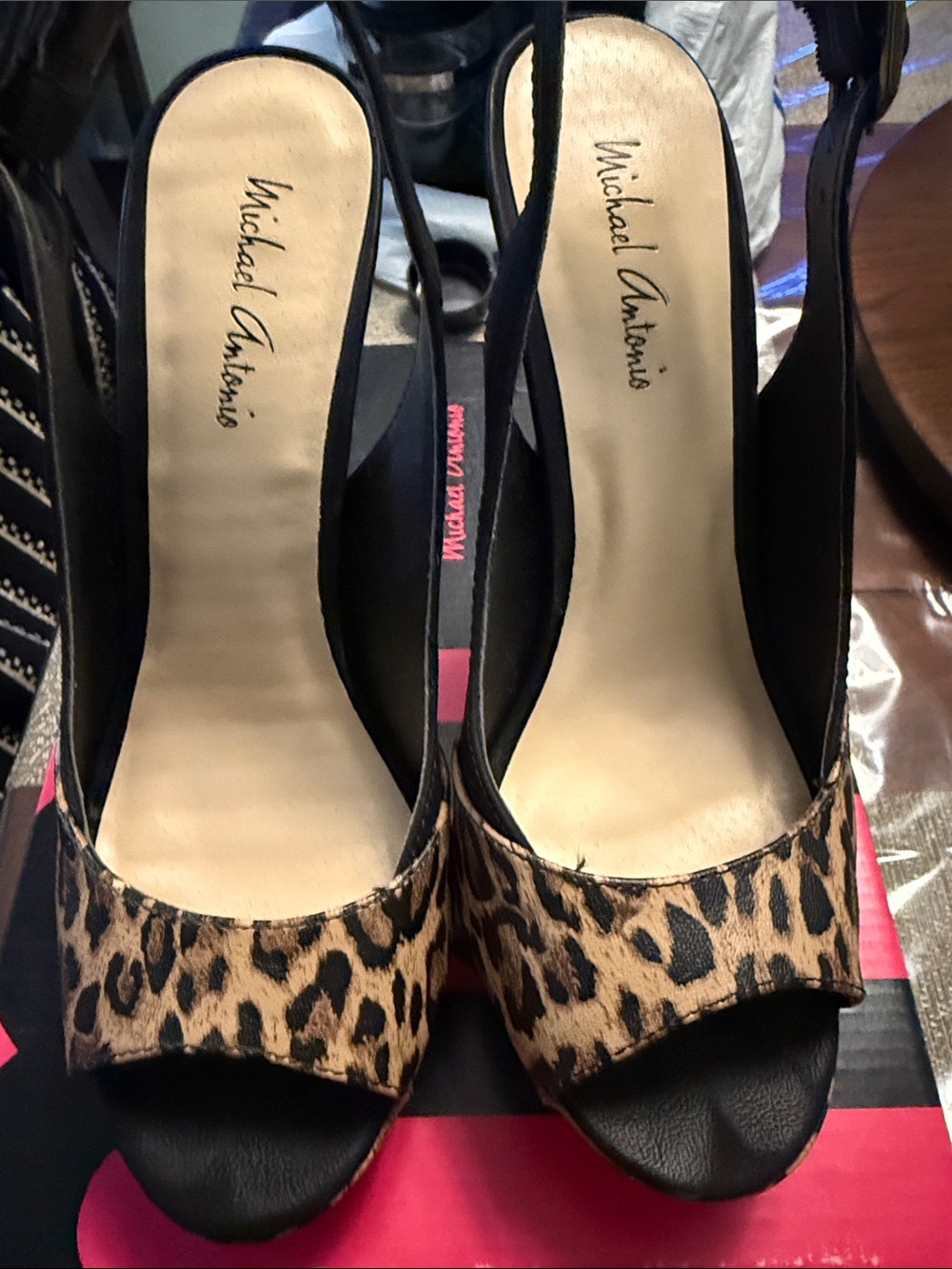 Michael Antonio Leopard Print Open-Toe Slingback Heels - Black/Tan